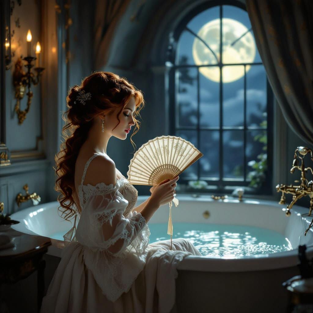 Victorian Woman's Moonlit Bath Preparation in Opulent Bathro...