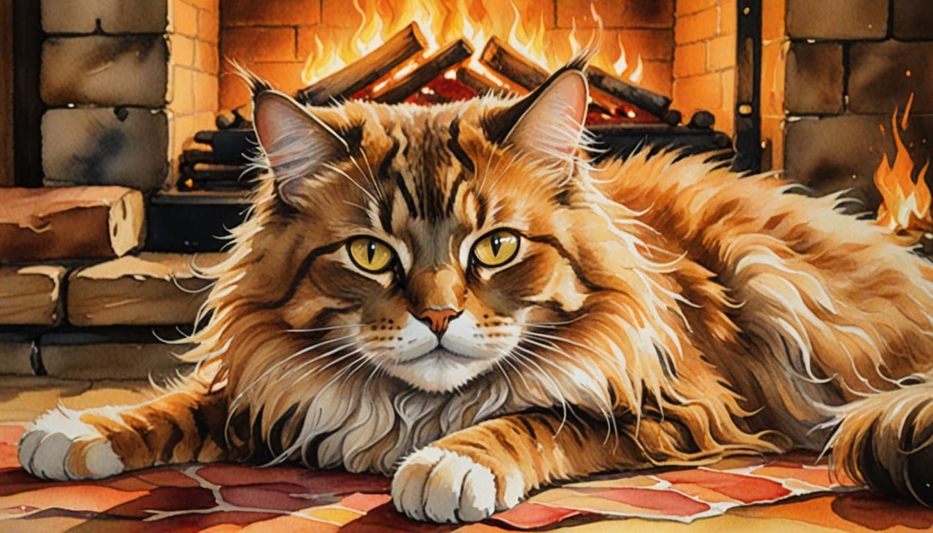 Cat Purring in Front of Fire: Watercolor Art