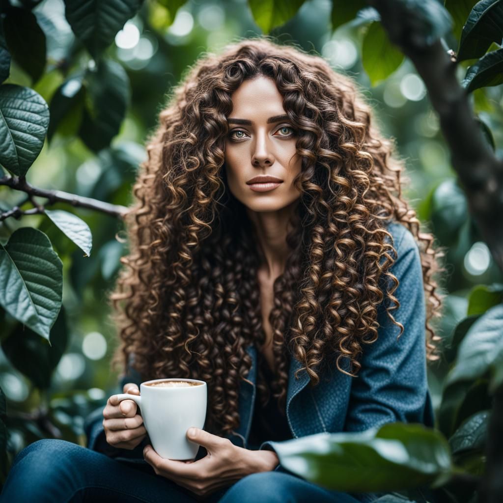 Humanoid Coffee Bean Woman in Coffee Trees