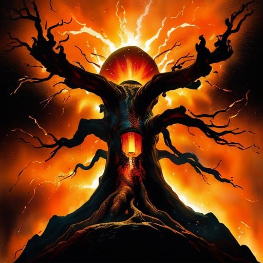 Surreal Watercolor Scene of Molten Crimson in Obsidian Goble...