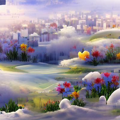 Angelic Flower Meadow Cityscape: Matte Painting