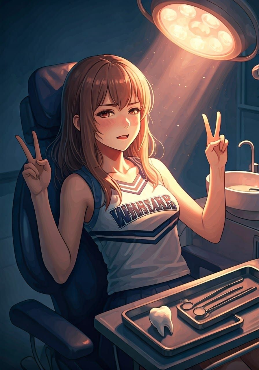 Distressed Teen Cheerleader in Dentist Chair, Anime Style