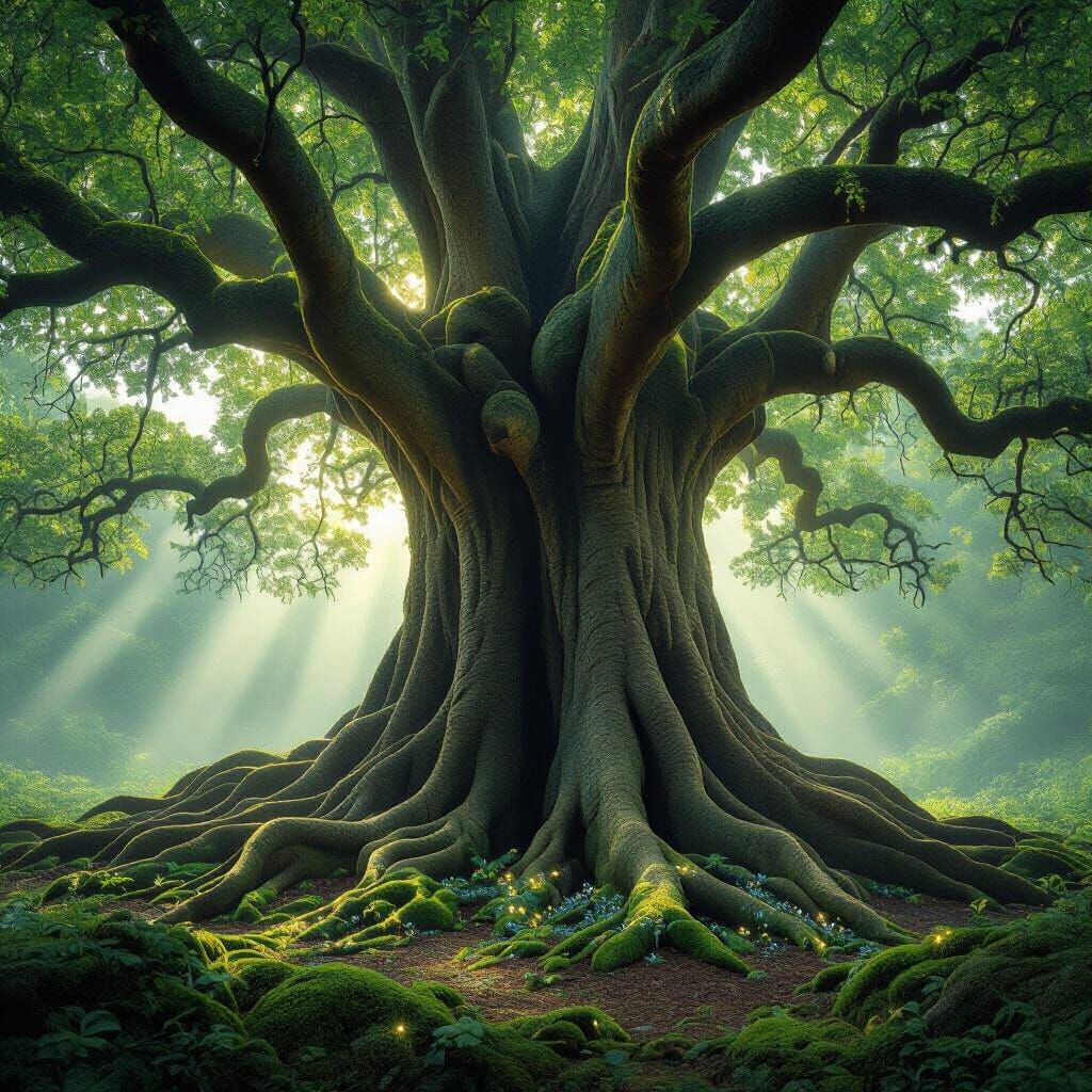 Ancient Banyan Tree with Gnarled Roots and Emerald Canopy