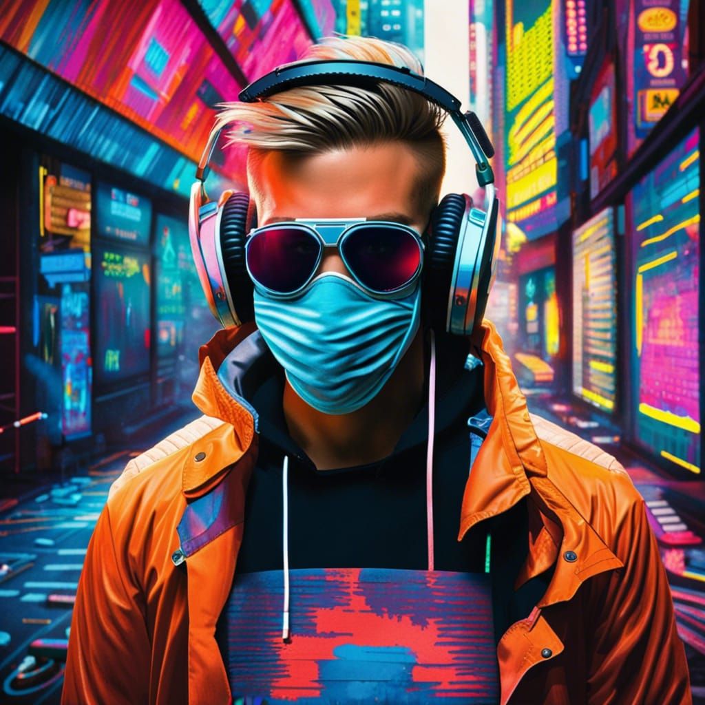 Cyberpunk DJ in Neon Cityscape