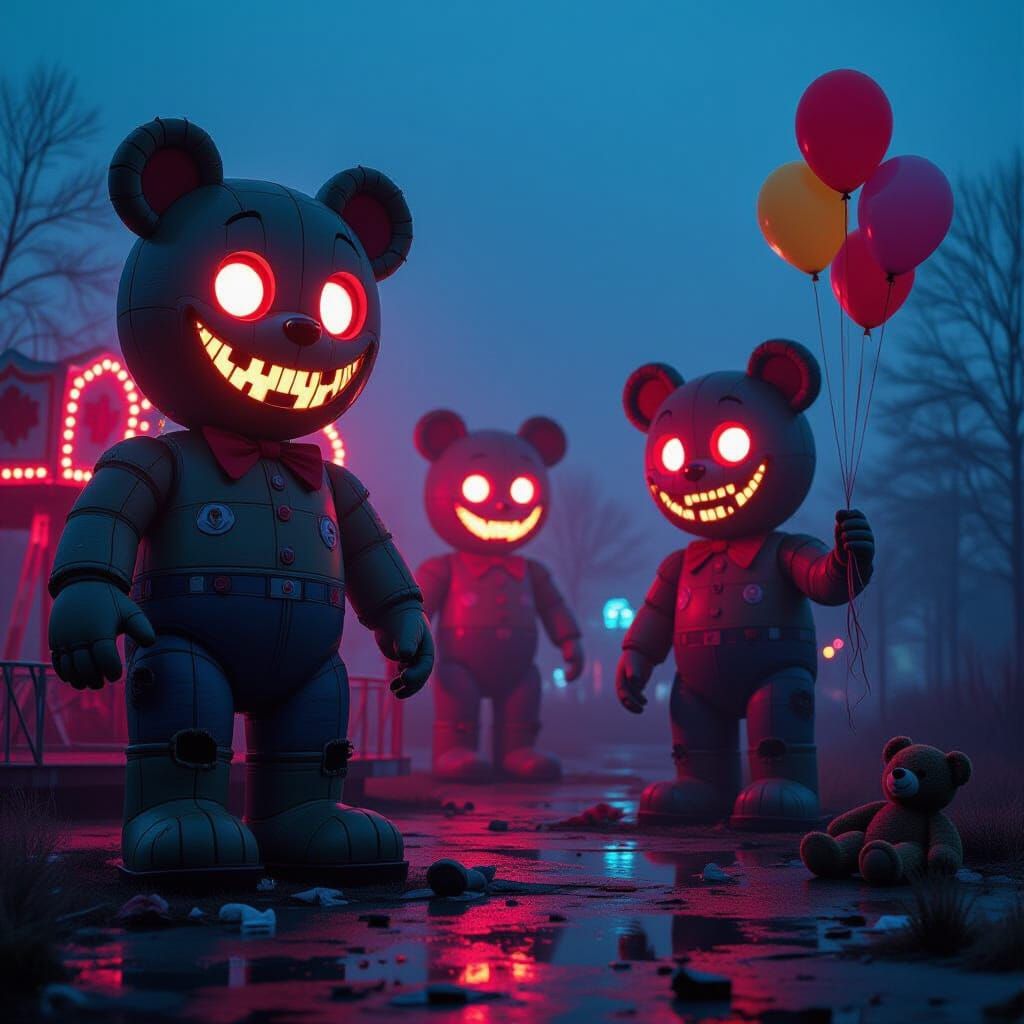 Sinister Carnival at Midnight with Creepy Stuffed Animals