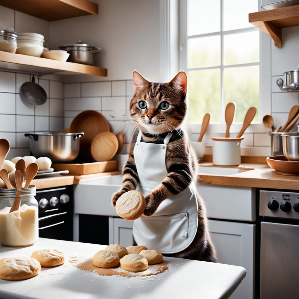 Baker Cat Kneading Dough in Tiny Kitchen