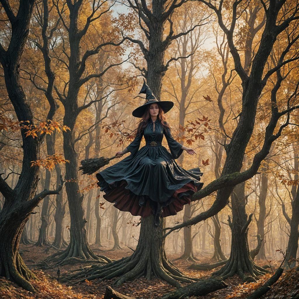 Autumn Witch Meditating in Enchanted Forest