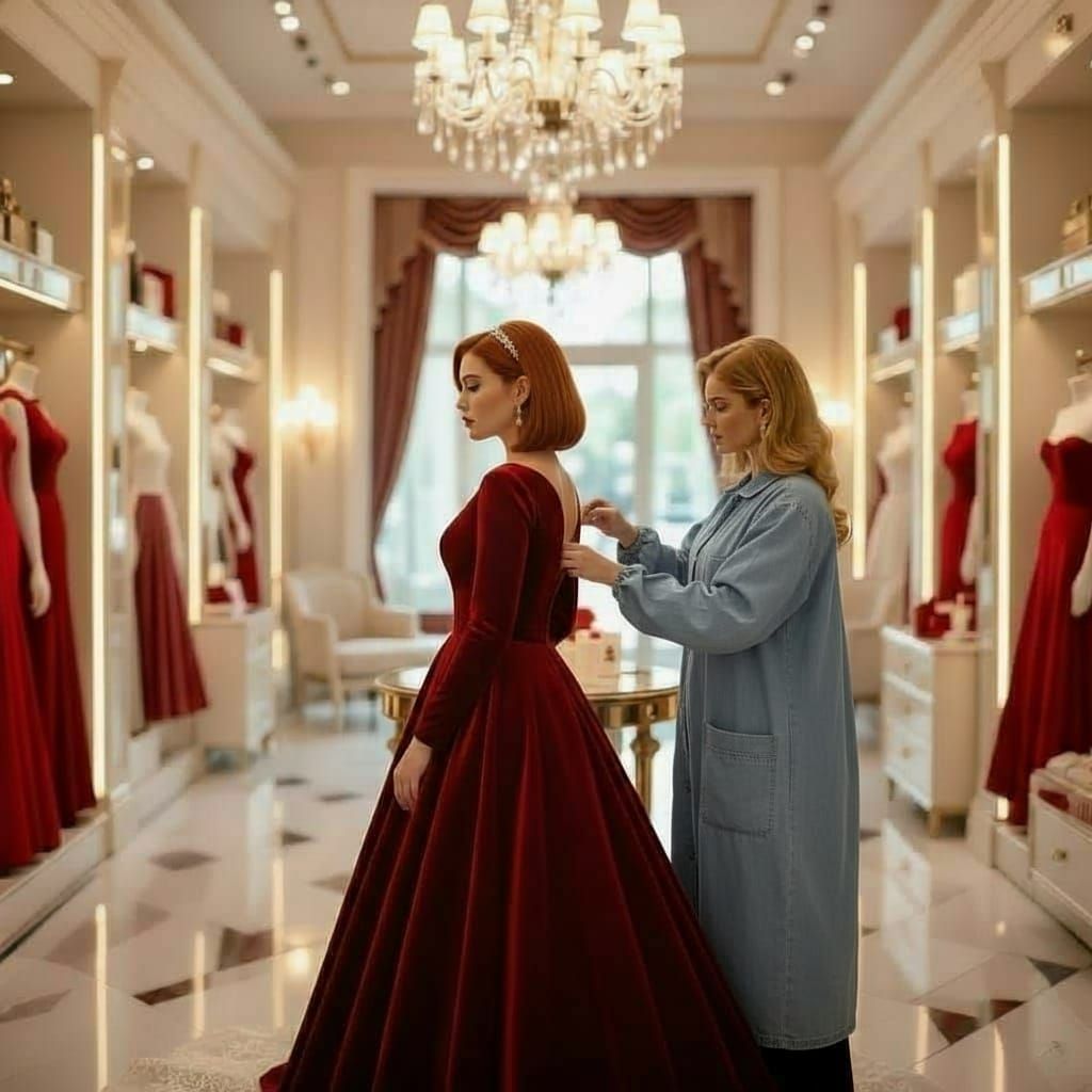 Strawberry Blonde in Red Velvet Gown