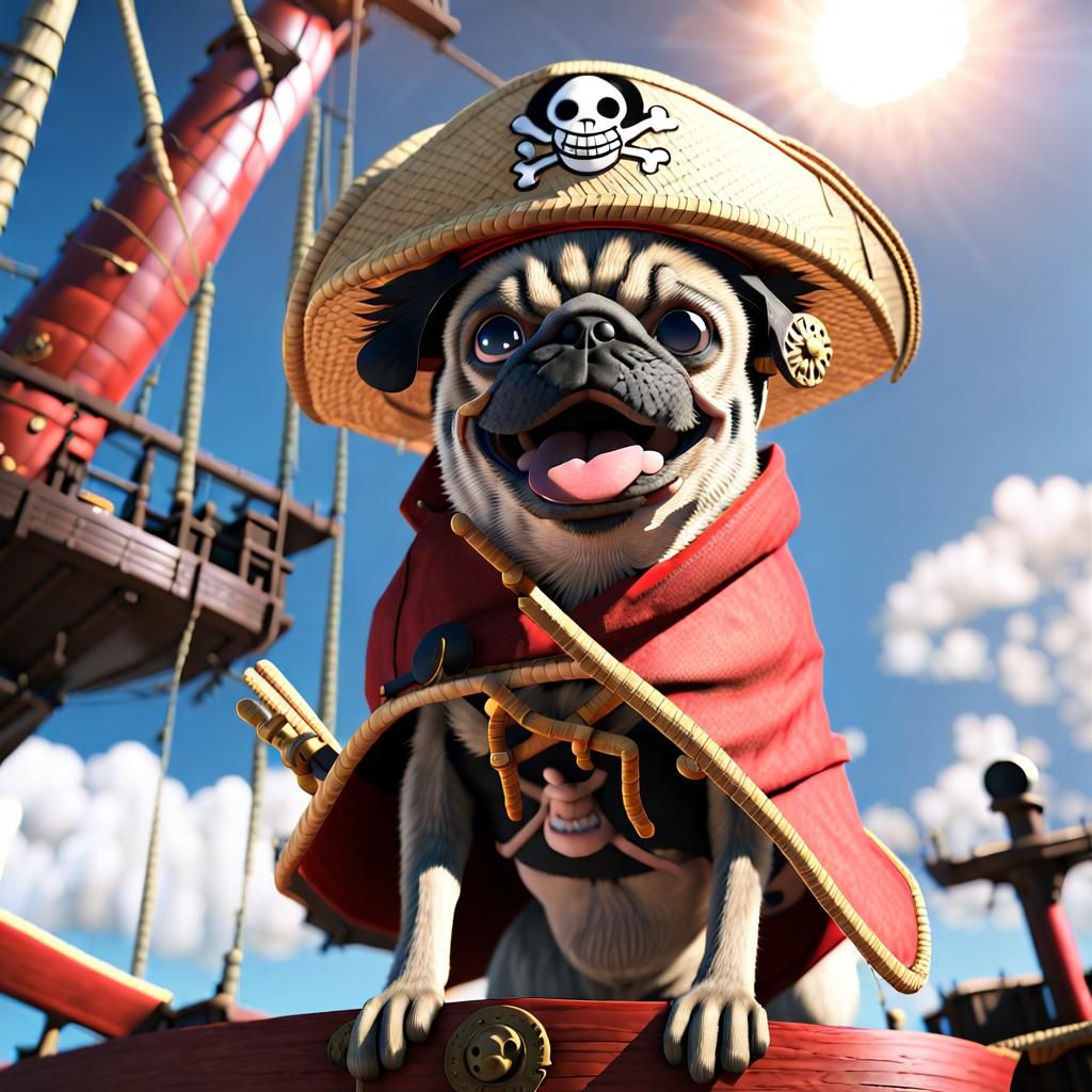 Pug as Monkey D. Luffy on Pirate Ship