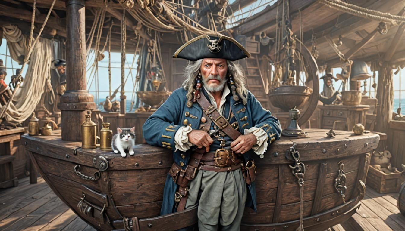 Pirate Captain with Kitten: Detailed Digital Portrait