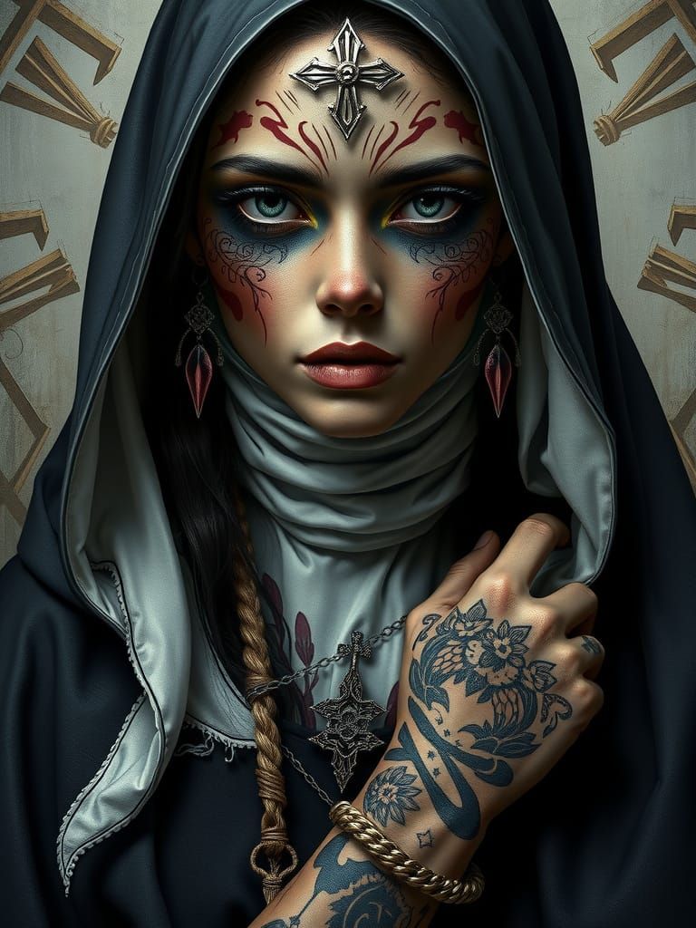 Decaying Nun with Gothic Tattoos in Harlem Renaissance Style