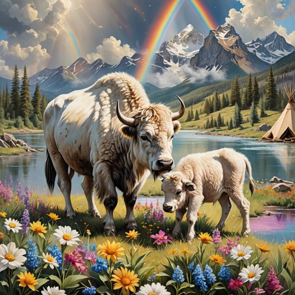 White Buffalo Calf with Rainbow and Tipis