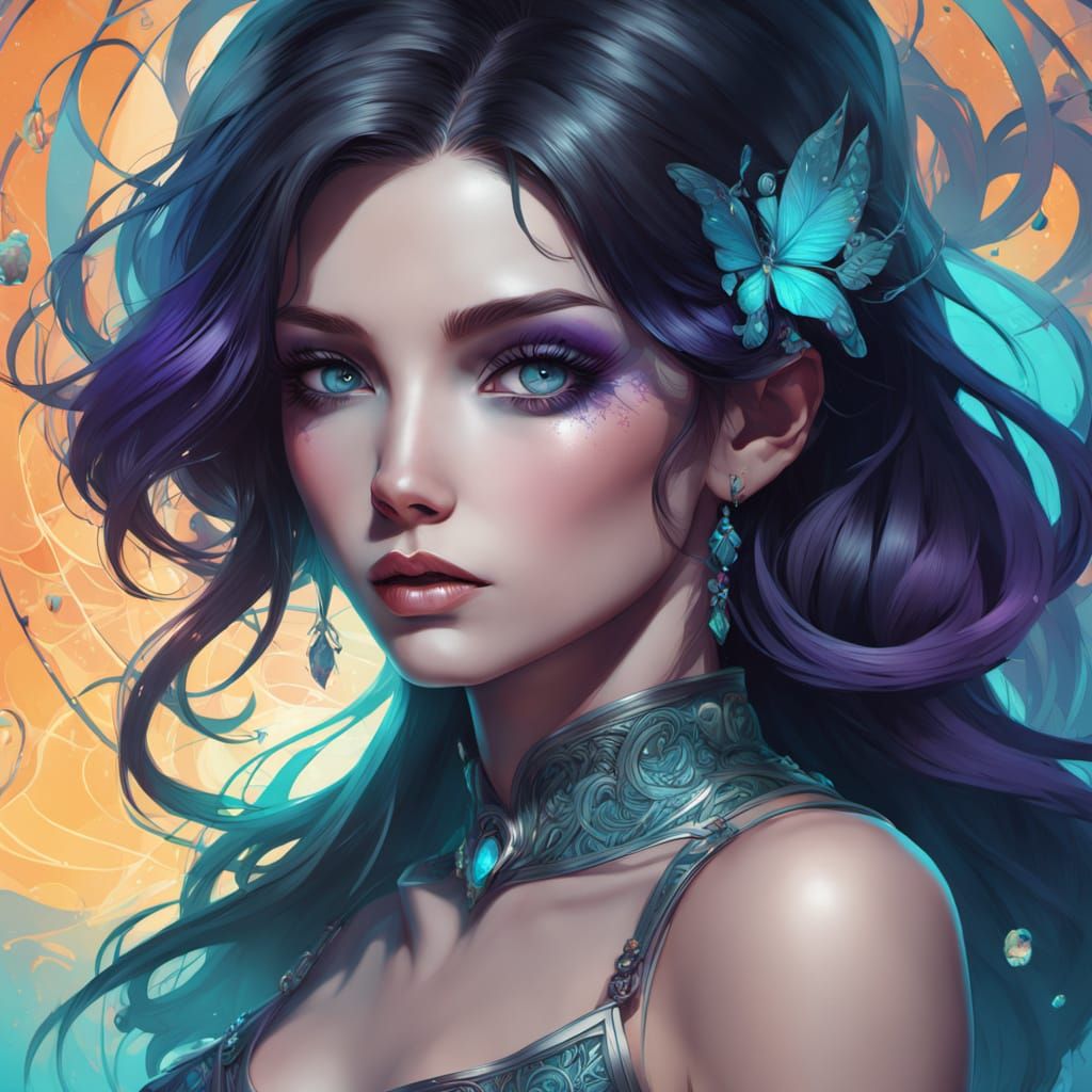 Beautiful Woman Portrait with Purple Highlights and Turquois...