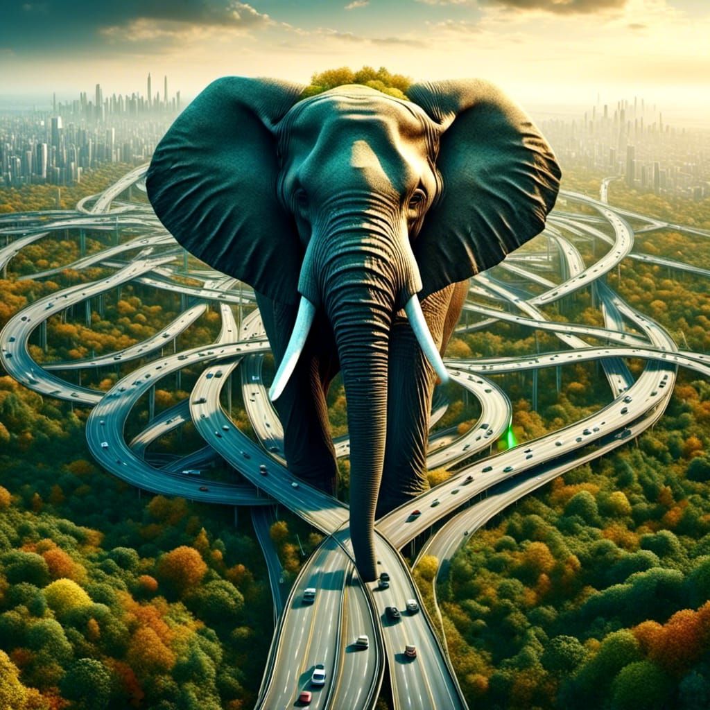 Elephant on Road: Hyperdetailed Composition
