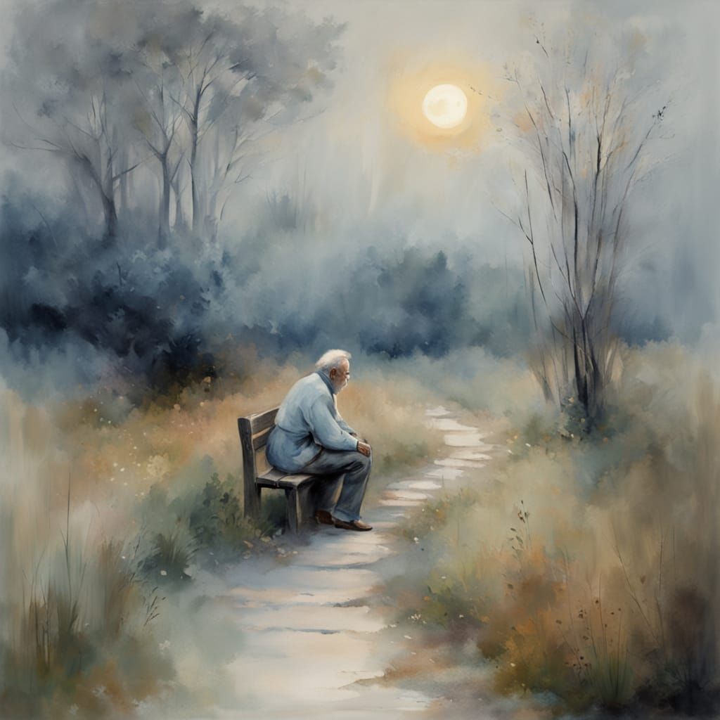 Ethereal Moonlit Landscape with Old Man Contemplating
