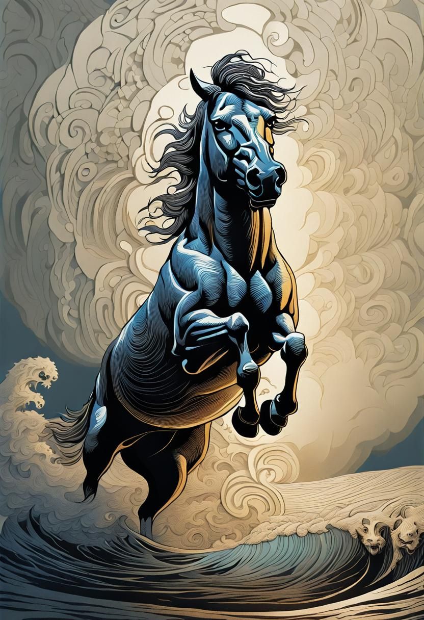 Raging Stallion Woodcut Print with Calliope Eyes