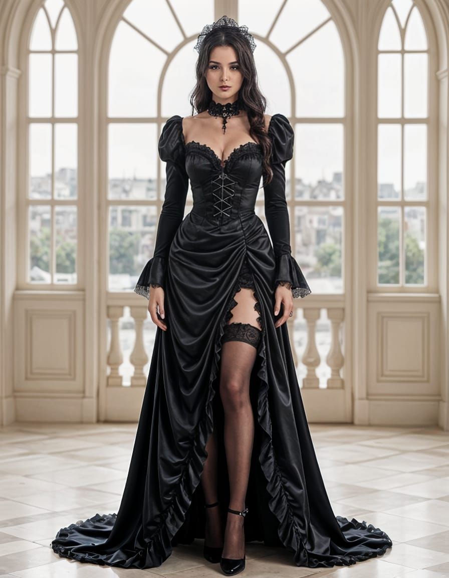 a beautiful gothic bride, dressed with a black bride dress w...