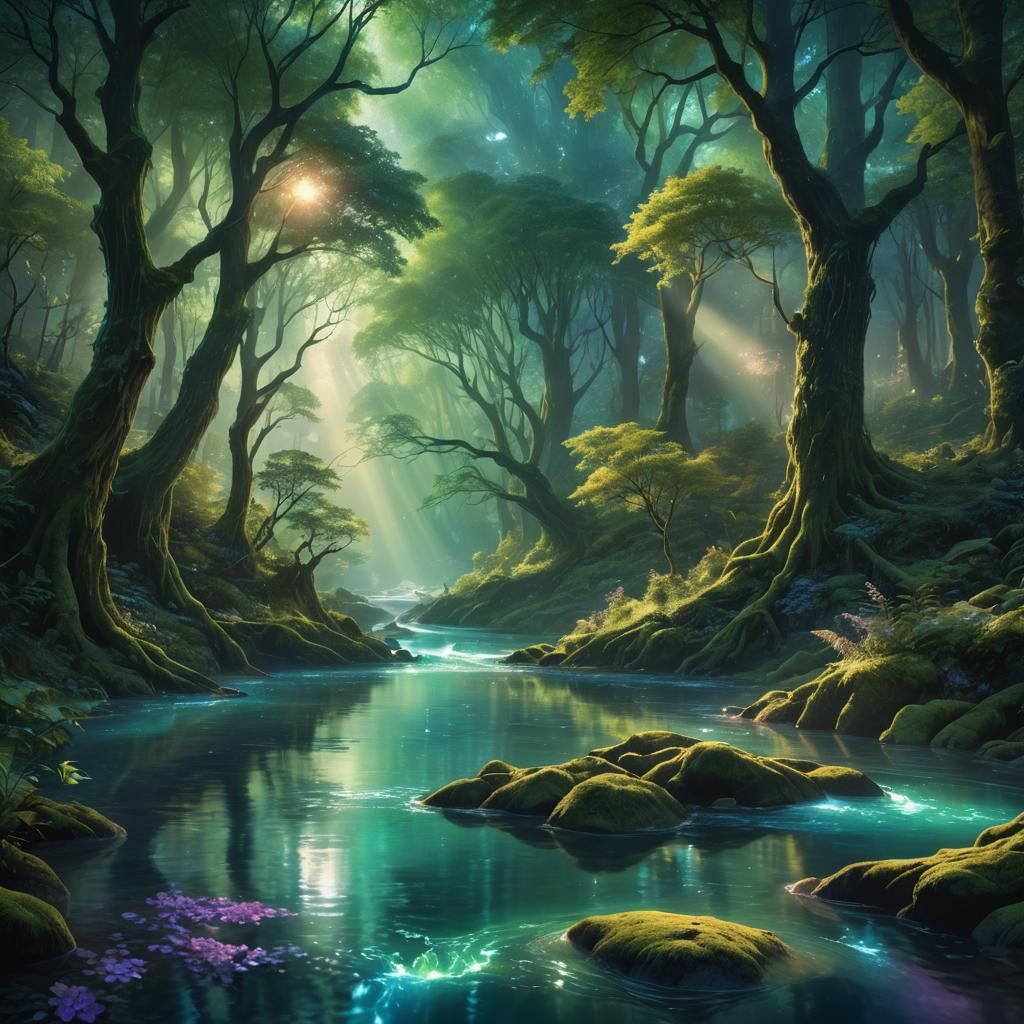 Glowing River Through Mystical Forest in Fantasy Art