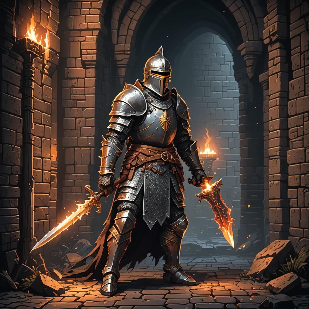 80s Pixel Art Knight in Dungeon with Chainmail Armor