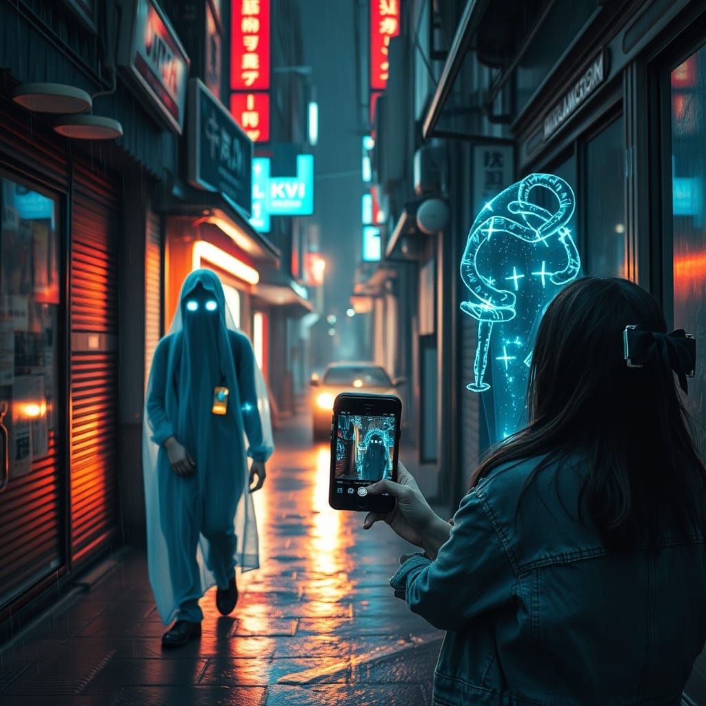 Cyberpunk Tokyo at Dusk with Ghostly Avatars