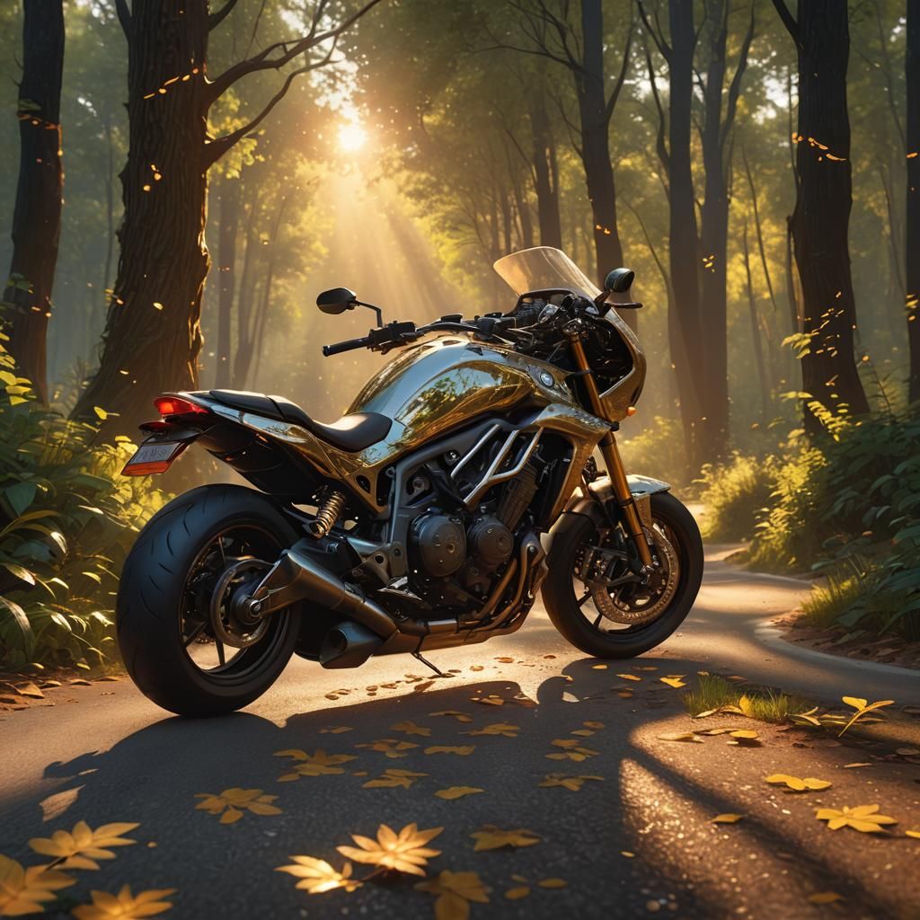 Racing Motorcycle on Forest Road at Sunset