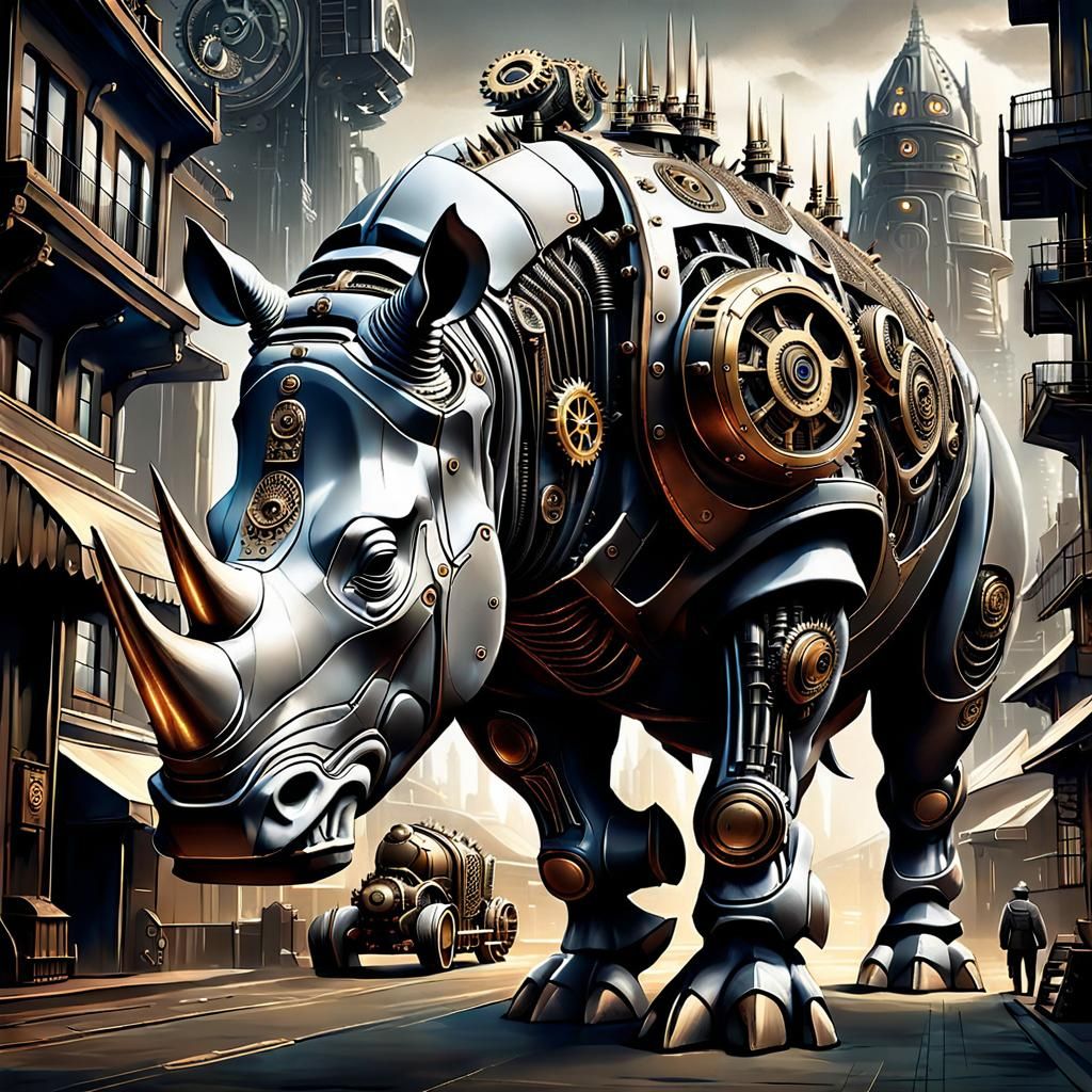 Futuristic Biomechanical Rhino in Steampunk Cityscape