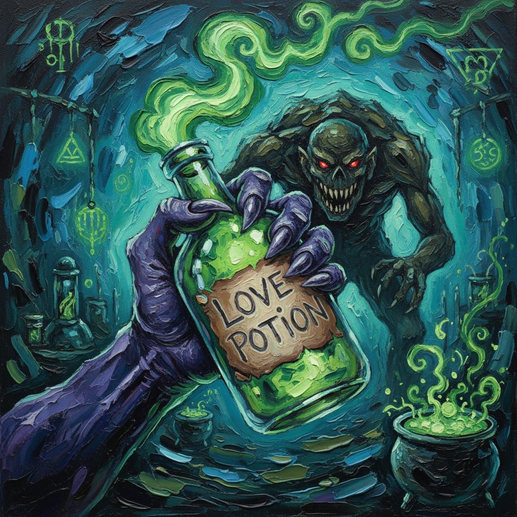 Monster Holds Glowing Evil Green Love Potion Bottle