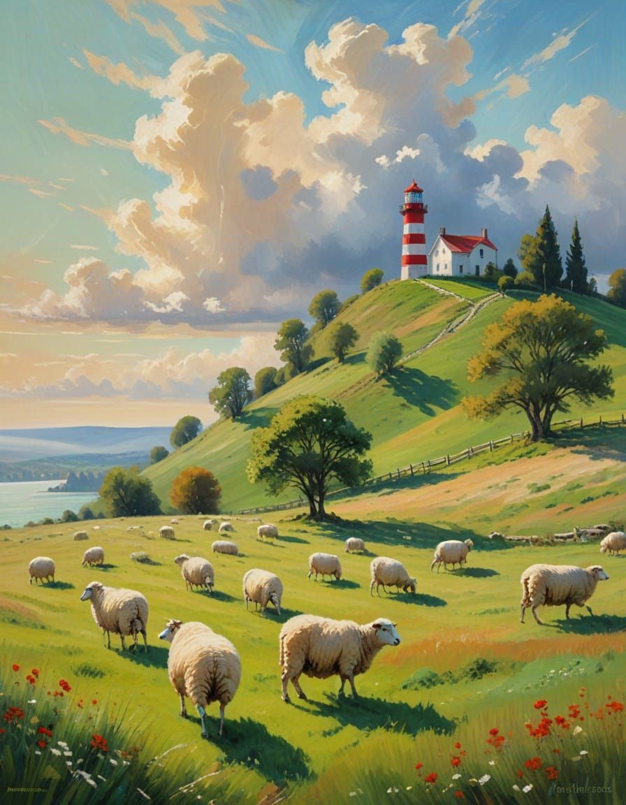 Serene Summer Landscape with Grazing Sheep and Striped Light...