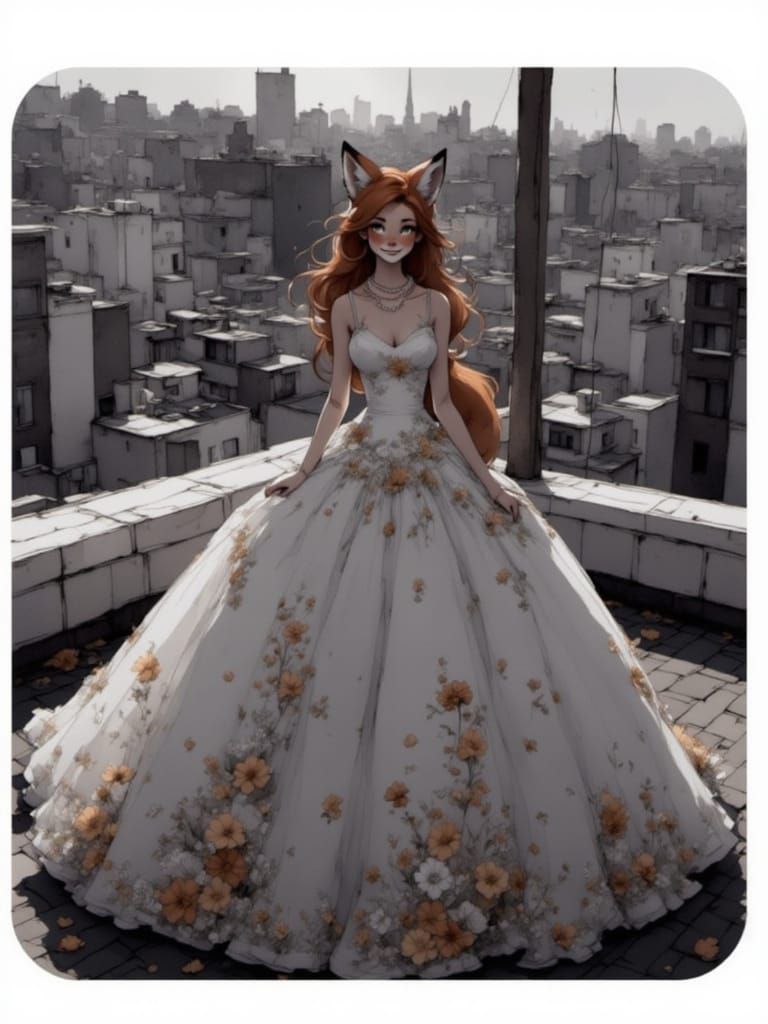 Fox-girl Vixen modeling a wedding dress.