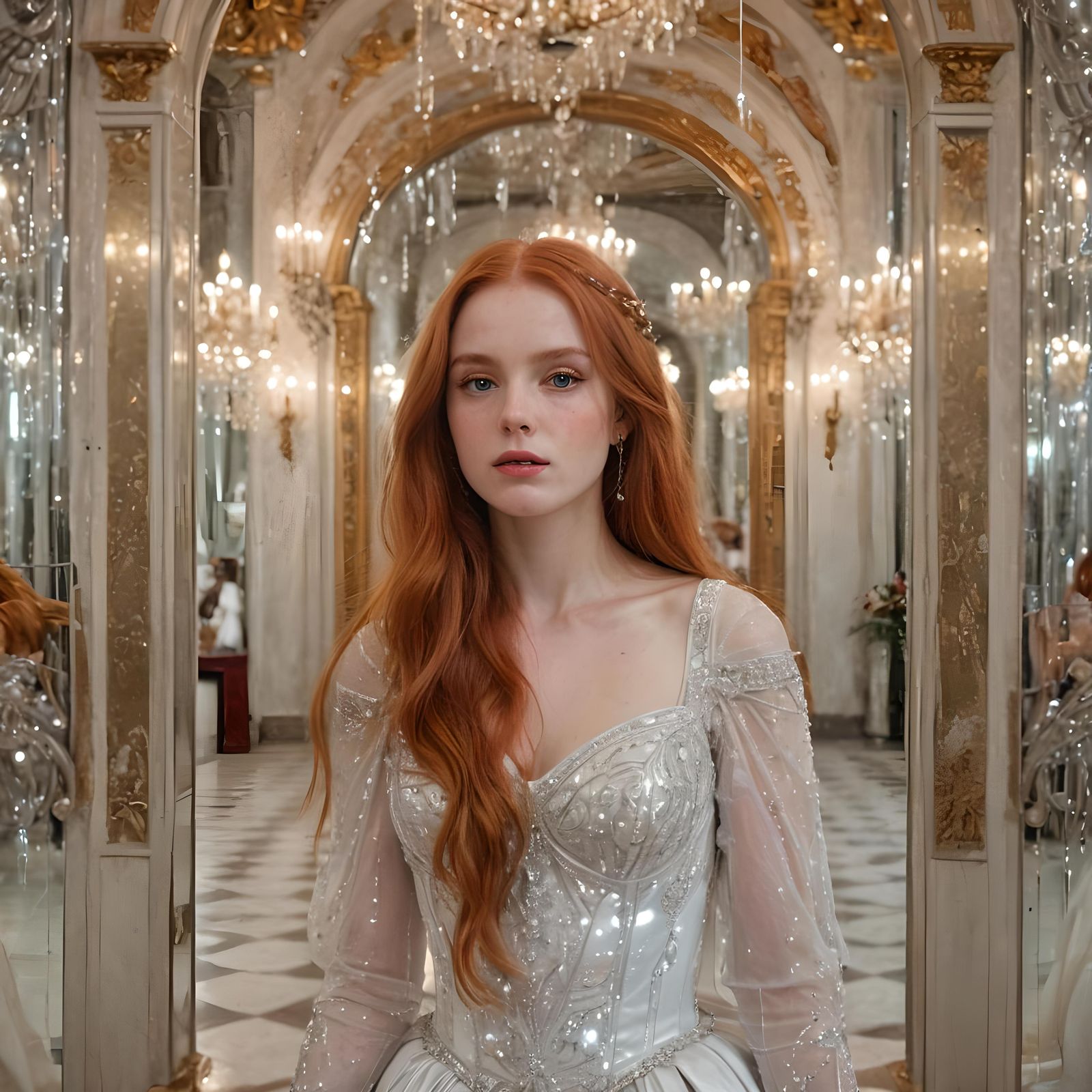 Pre-Raphaelite Woman in Hall of Mirrors