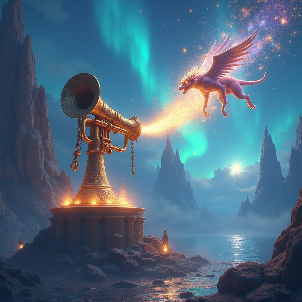 Majestic Trumpet Reveals Mythical Creature in Dreamlike Land...
