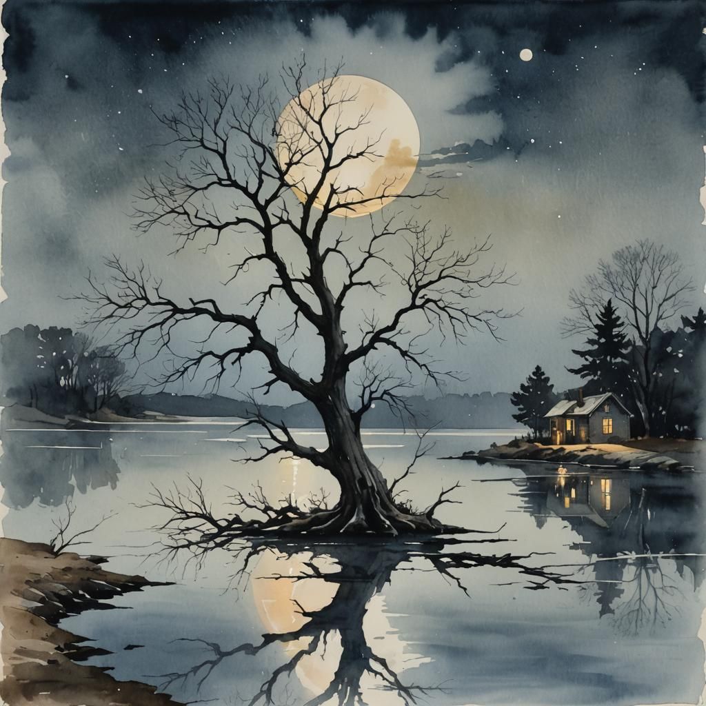 Minimalist Watercolor of Dry Tree by Lake