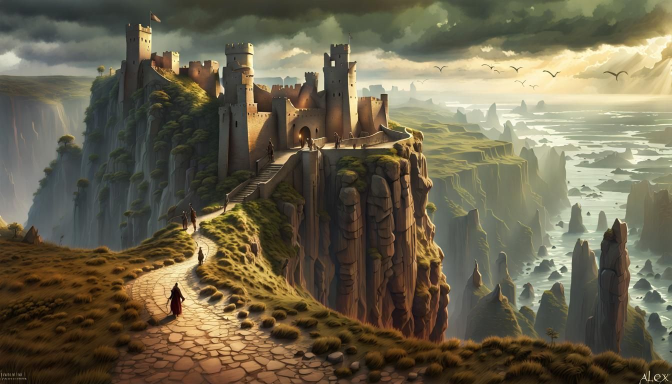 Fantasy Fortress Landscape with Cliffside Statues