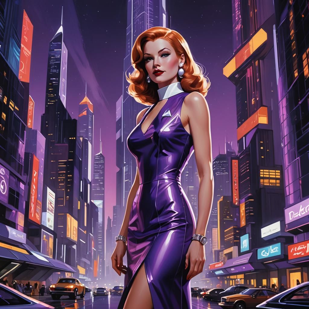 Jane Jetson in Retro-Futuristic Cityscape