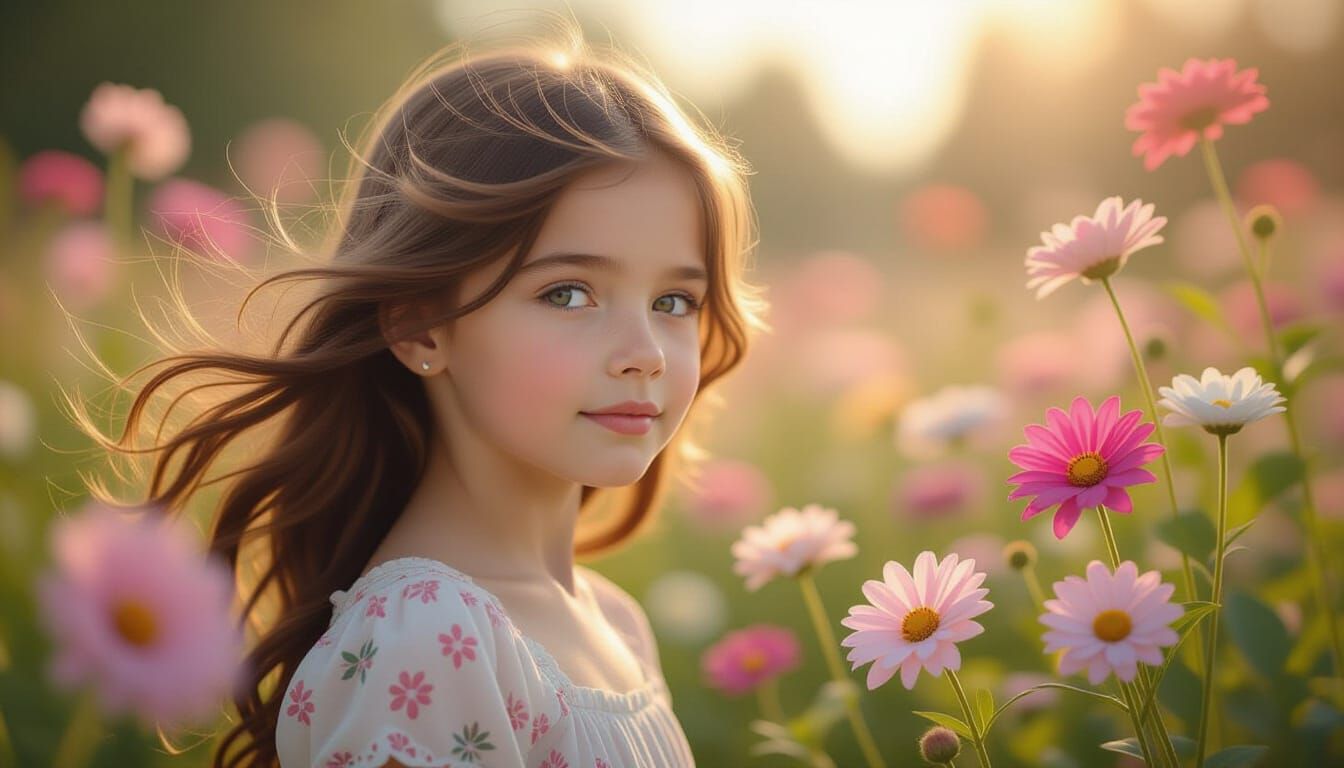 Girl in Flower Garden with Flowing Hair