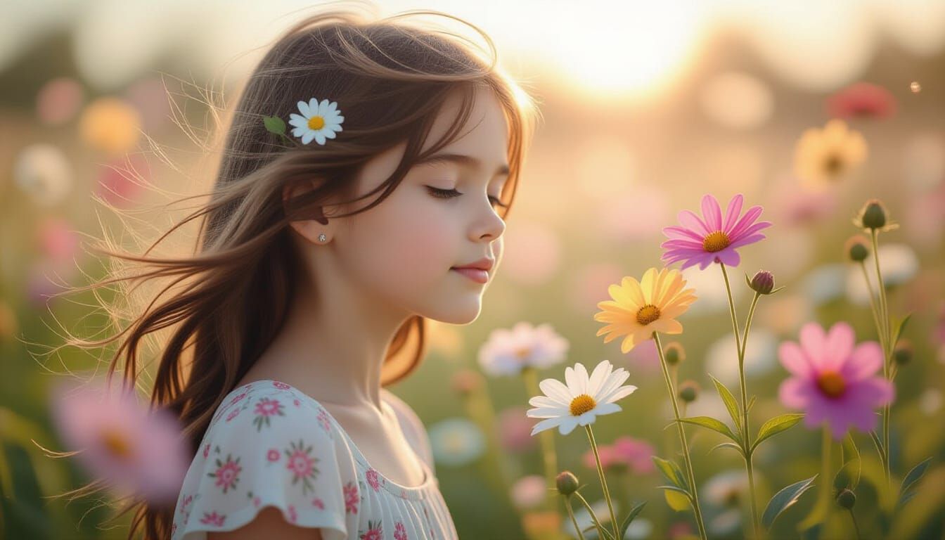 Girl in Flower Garden with Magical Silhouette