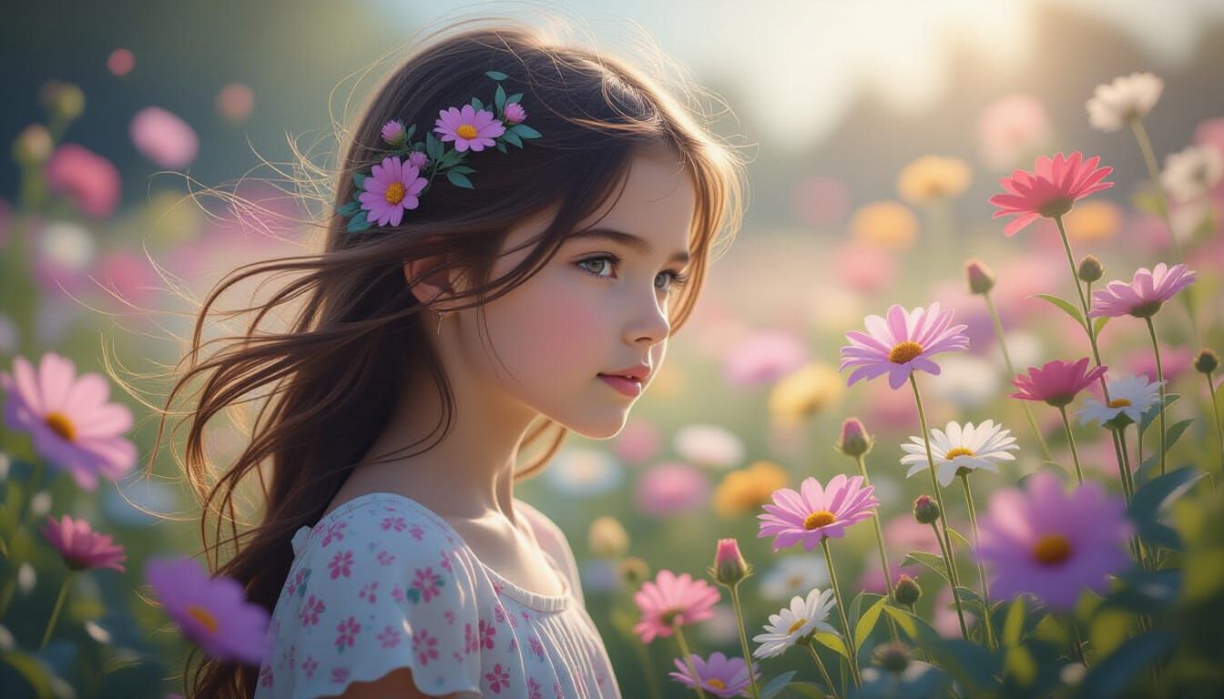 Girl in Flower Garden with Magical Silhouette