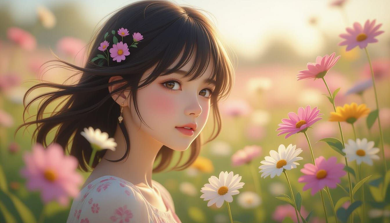 Girl in Flower Garden with Magical Silhouette