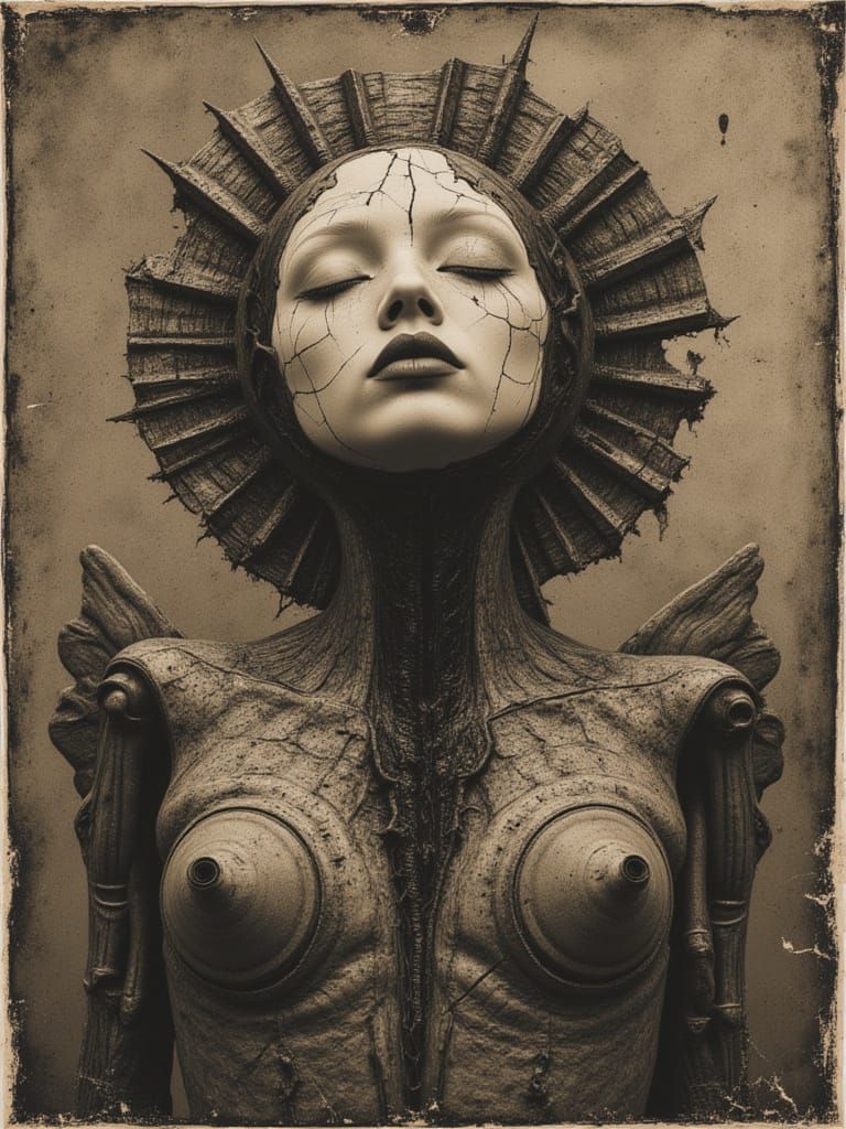 Surreal Angelic Head with Steampunk Wings