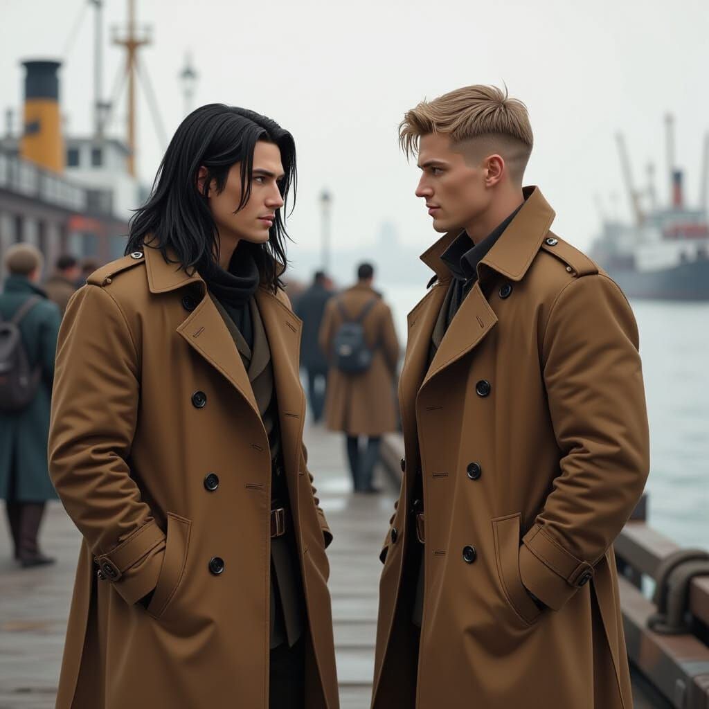 Soldiers Chatting on Dock in Retro Sci-Fi Style