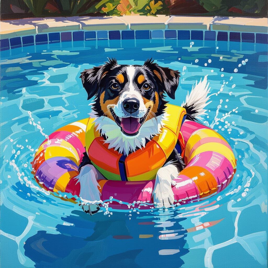 Dog Splashing in Pool, Hockney Style