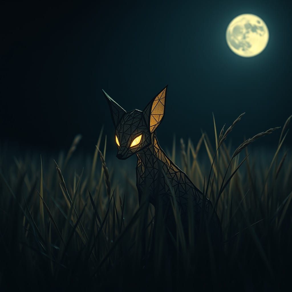Ethereal Fox Spirit in Origami-Inspired, Moonlit Scene