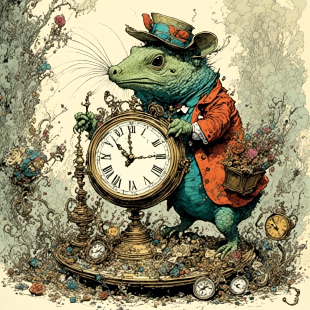 Whimsical Creature Holding a Clock