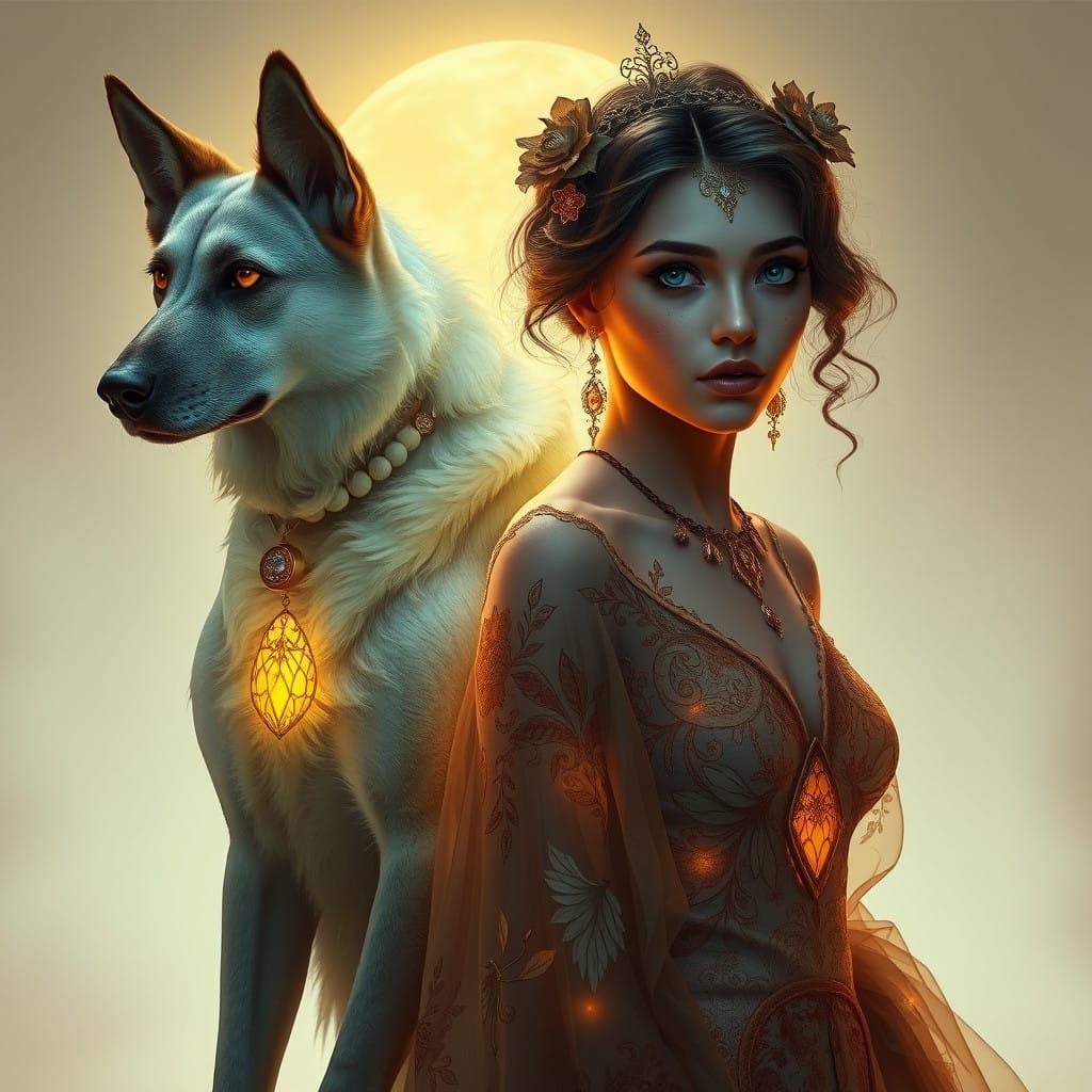 Ethereal Woman and Majestic Dog in Art Nouveau-Inspired Port...