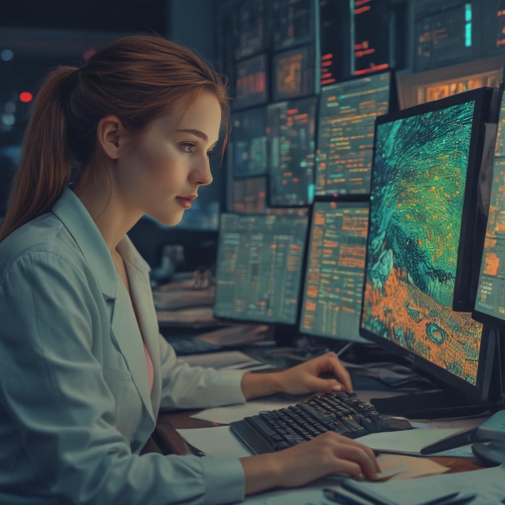 Focused Programmer in Office: Digital Art with Van Gogh Colo...