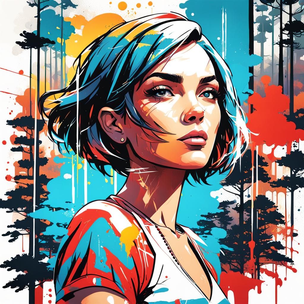 Woman in Graffiti Art Style on Sunny Landscape