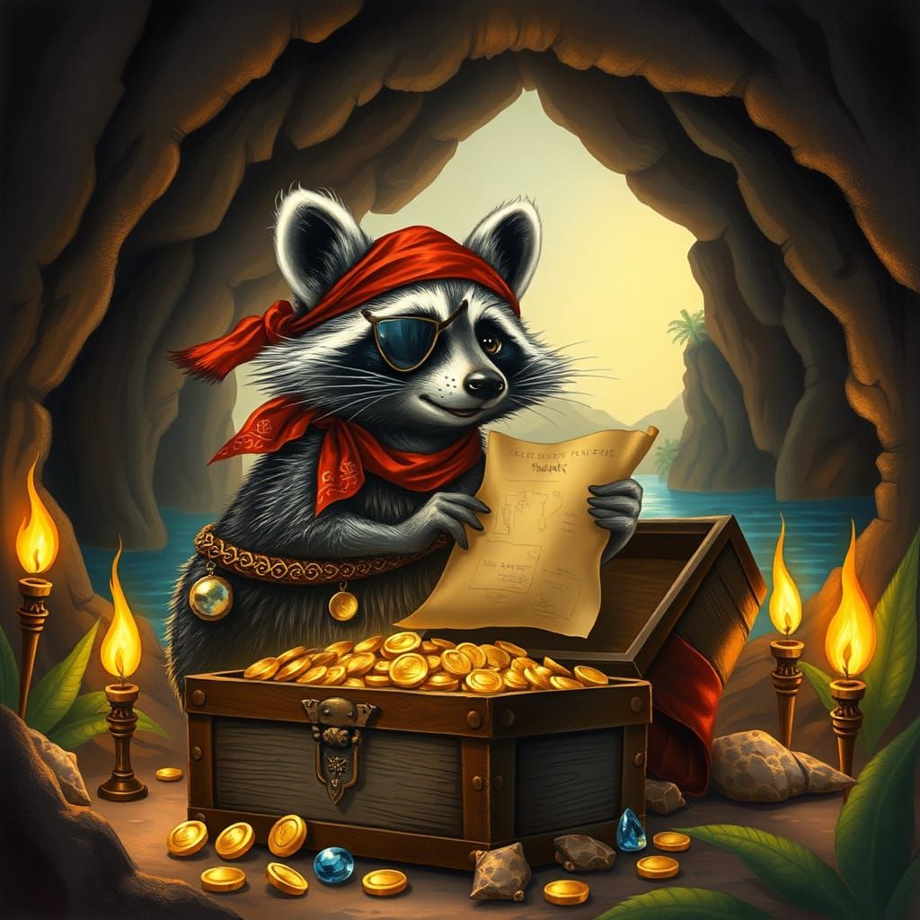 Raccoon Pirate Guarding Treasure in Storybook Style