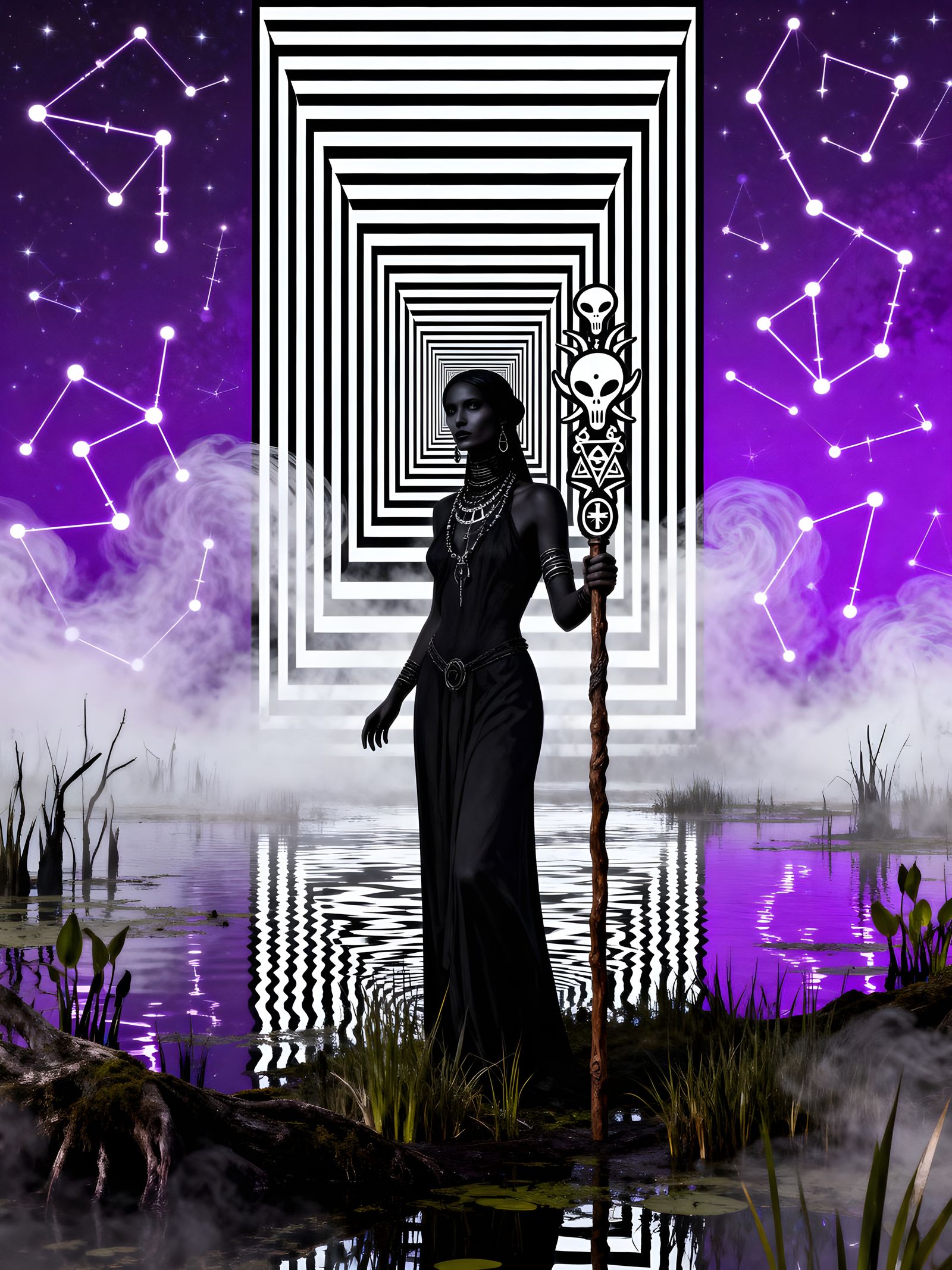 Voodoo Priestess in Dreamlike Swamp, Op-Art Style