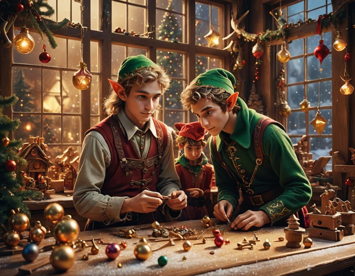Elves Making Toys in Christmas Workshop, Digital Art