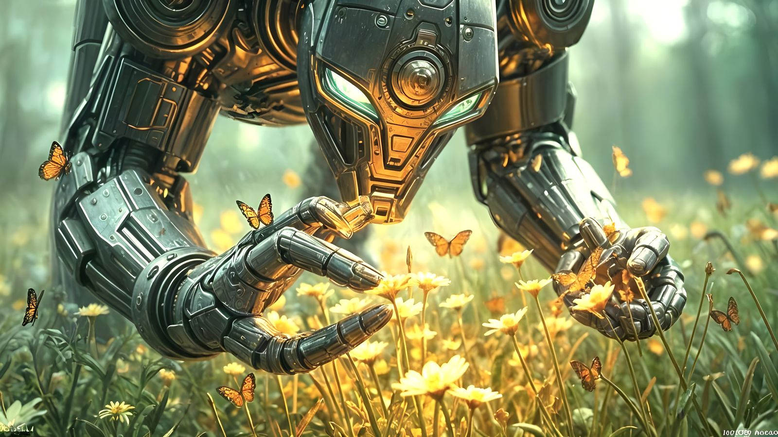 Cybernetic Guardian Tending Wildflowers as Digital Painting